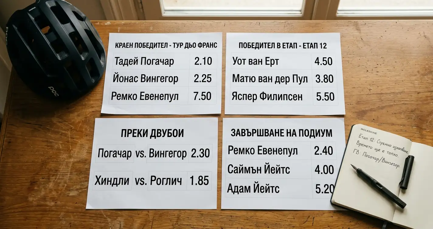 Аналитично табло с коефициенти и пазари за залози на колоездене