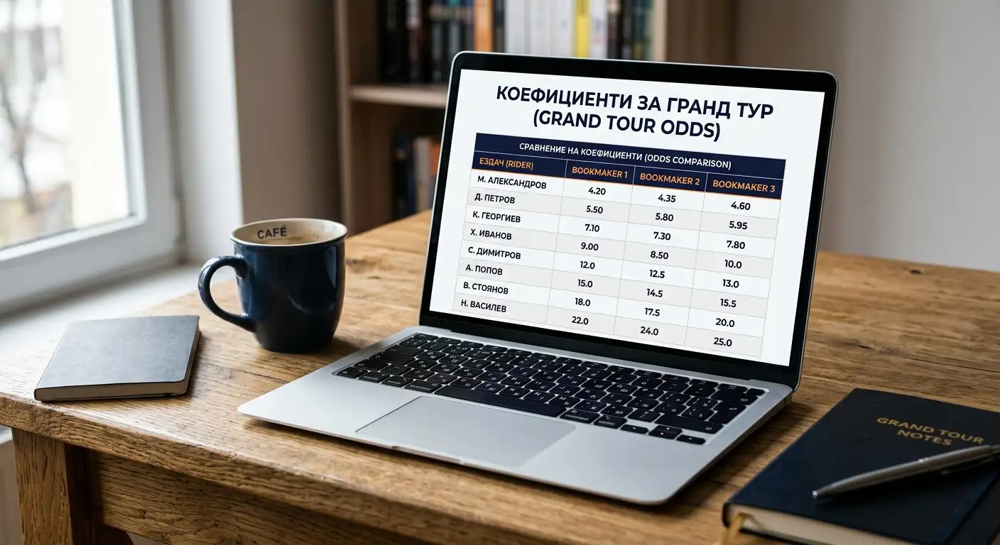 Чист екран на лаптоп показва сравнителна таблица с коефициенти за победители в Гранд тур