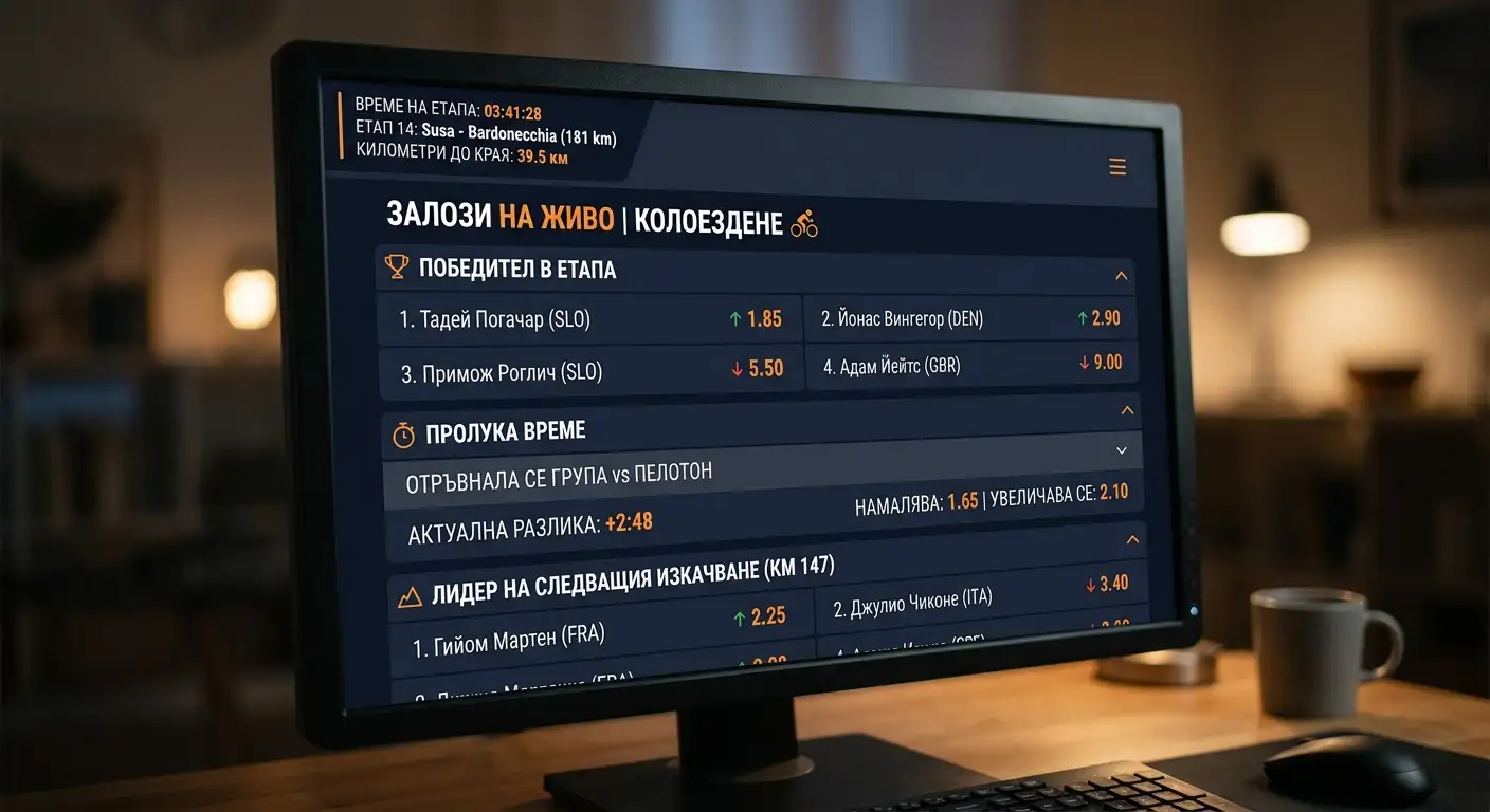 Чист интерфейс на букмейкър с активни in-play пазари по време на колоездачен етап