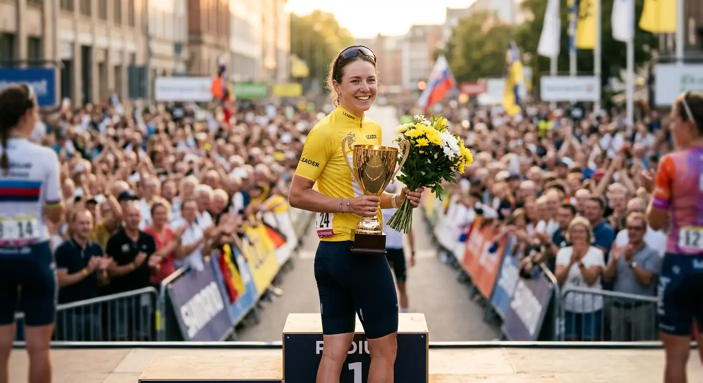 Колоездачка в жълтата фланелка на Tour de France Femmes на подиум