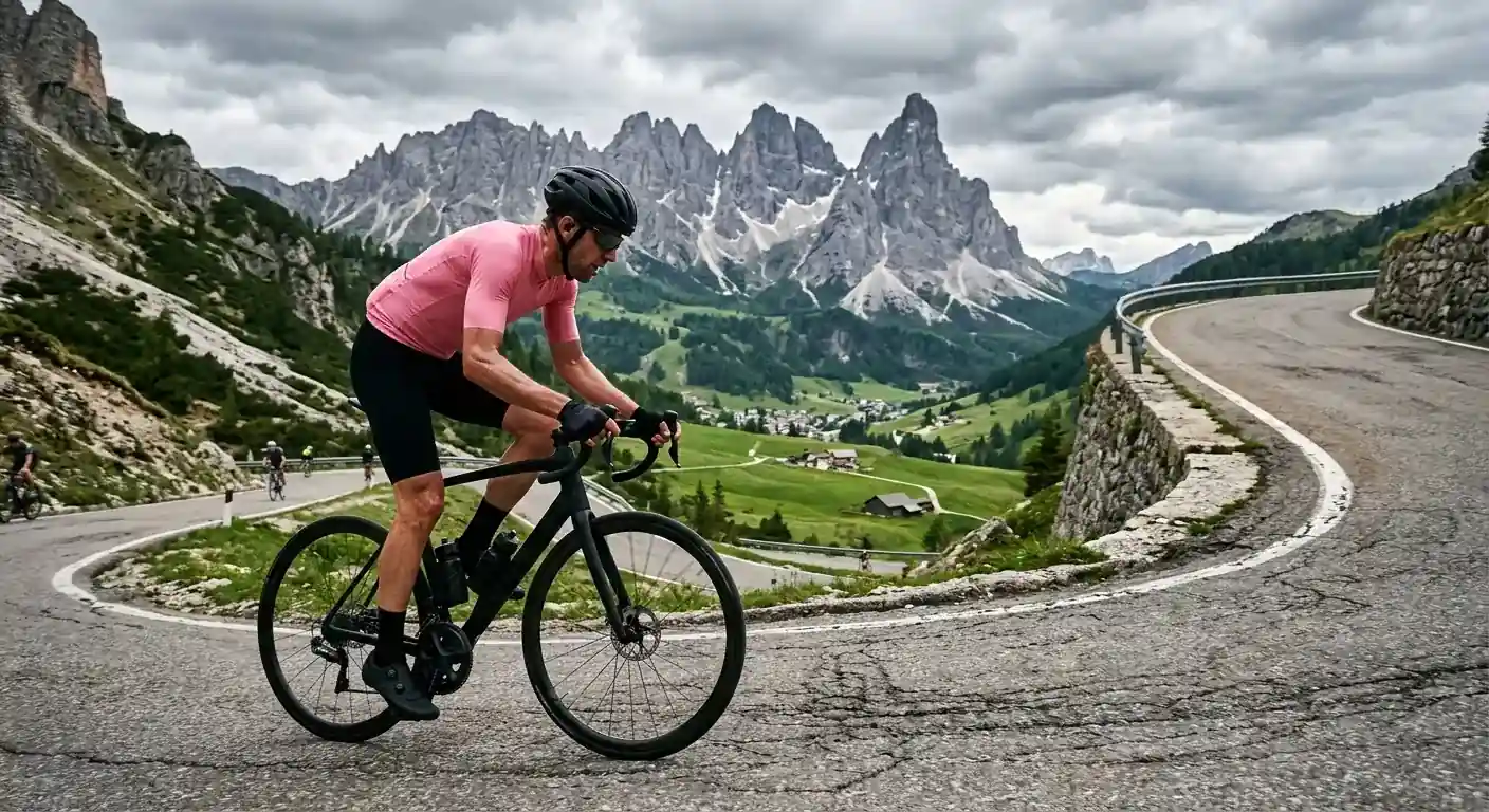 Колоездач с розовата фланелка на Giro d'Italia по време на планински етап в Доломитите