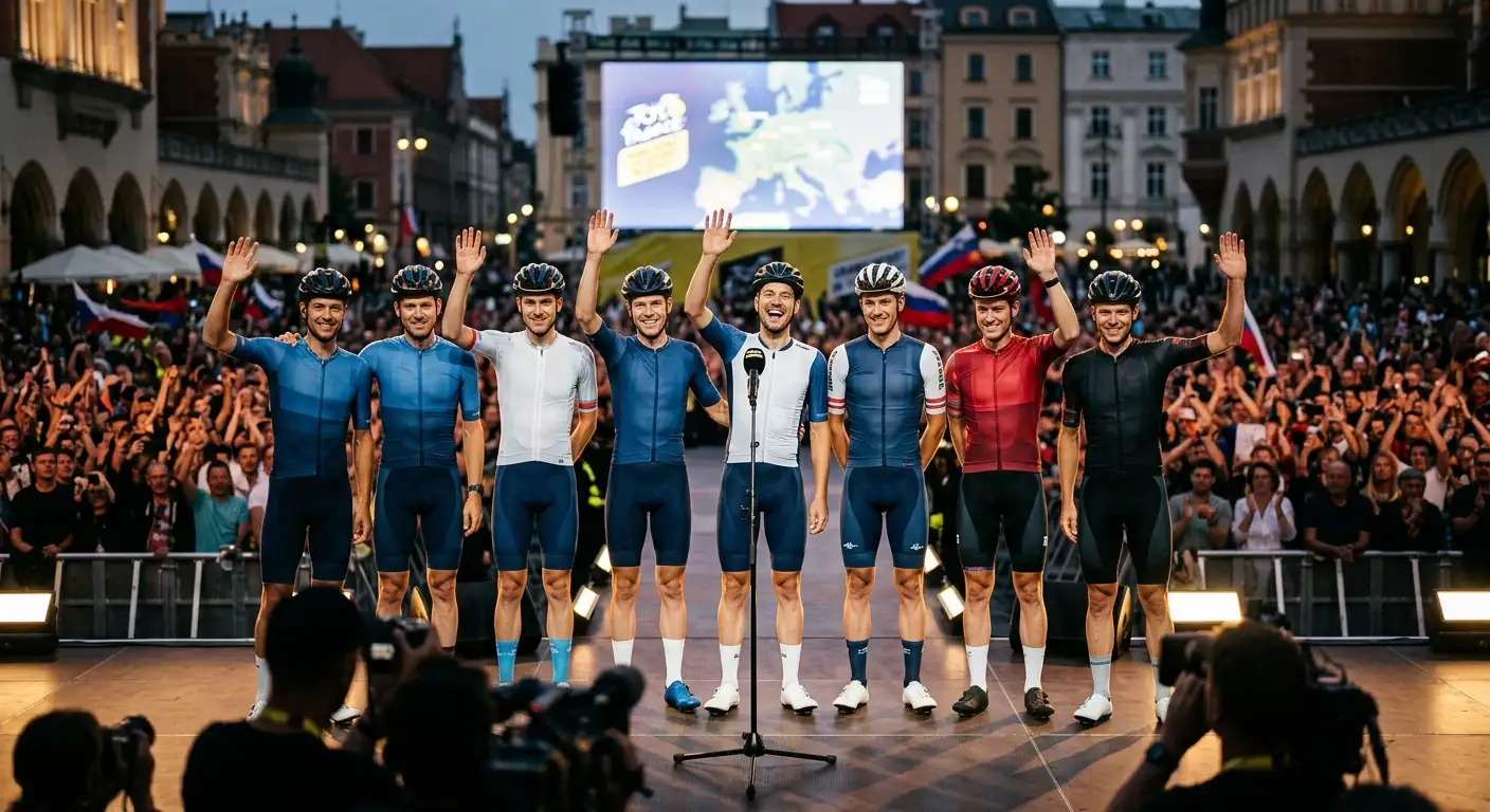 Гонщици от WorldTour отбор на пресконференция преди Гранд Депар