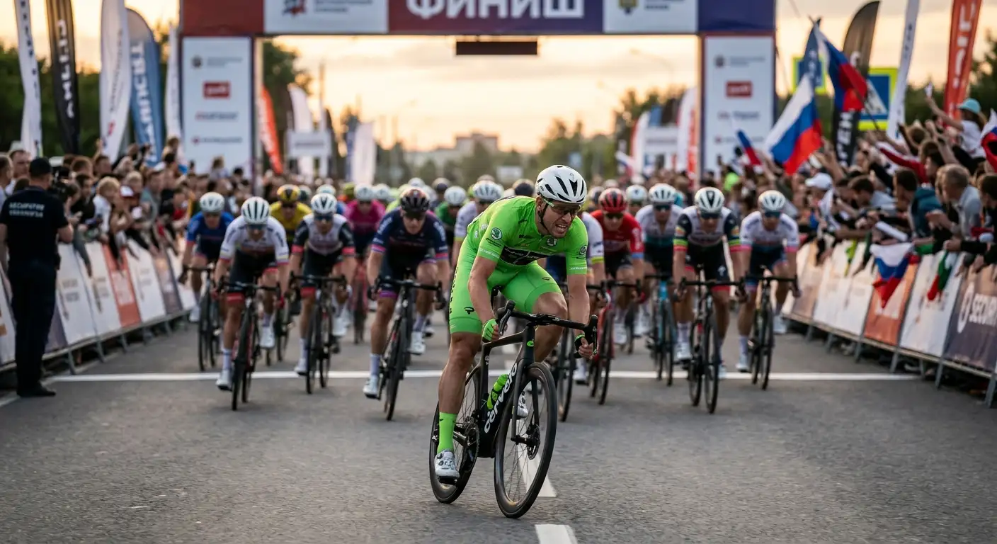 Колоездач в зелена фланелка води спринт на финал на етап от Tour de France