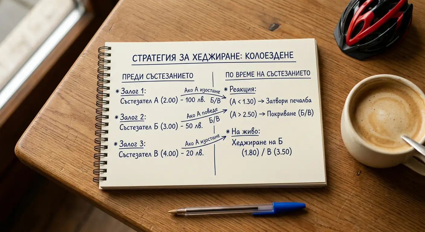 Бележник с план за хеджирана позиция между pre-race и live залози при колоездене