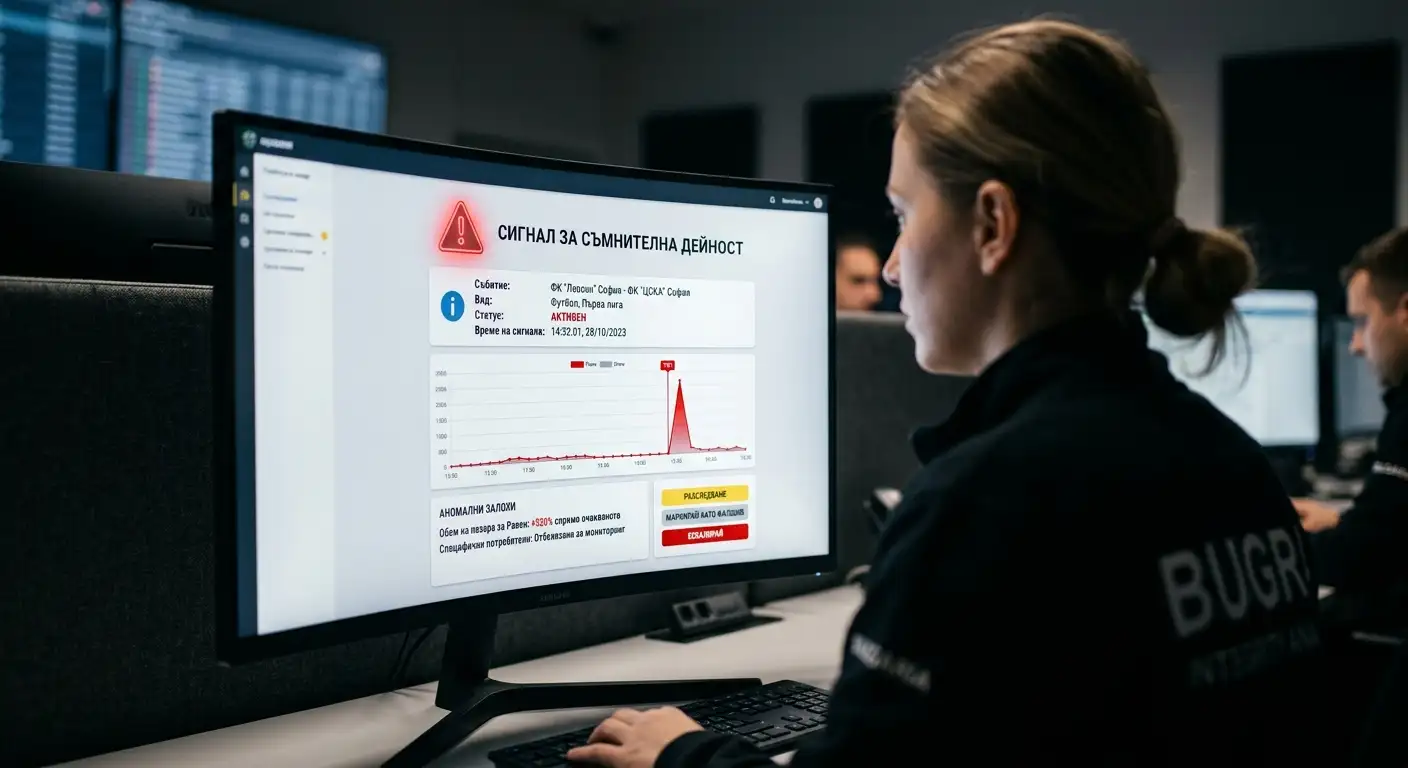Екран на оператор показва активен alert за подозрителна залагателна активност