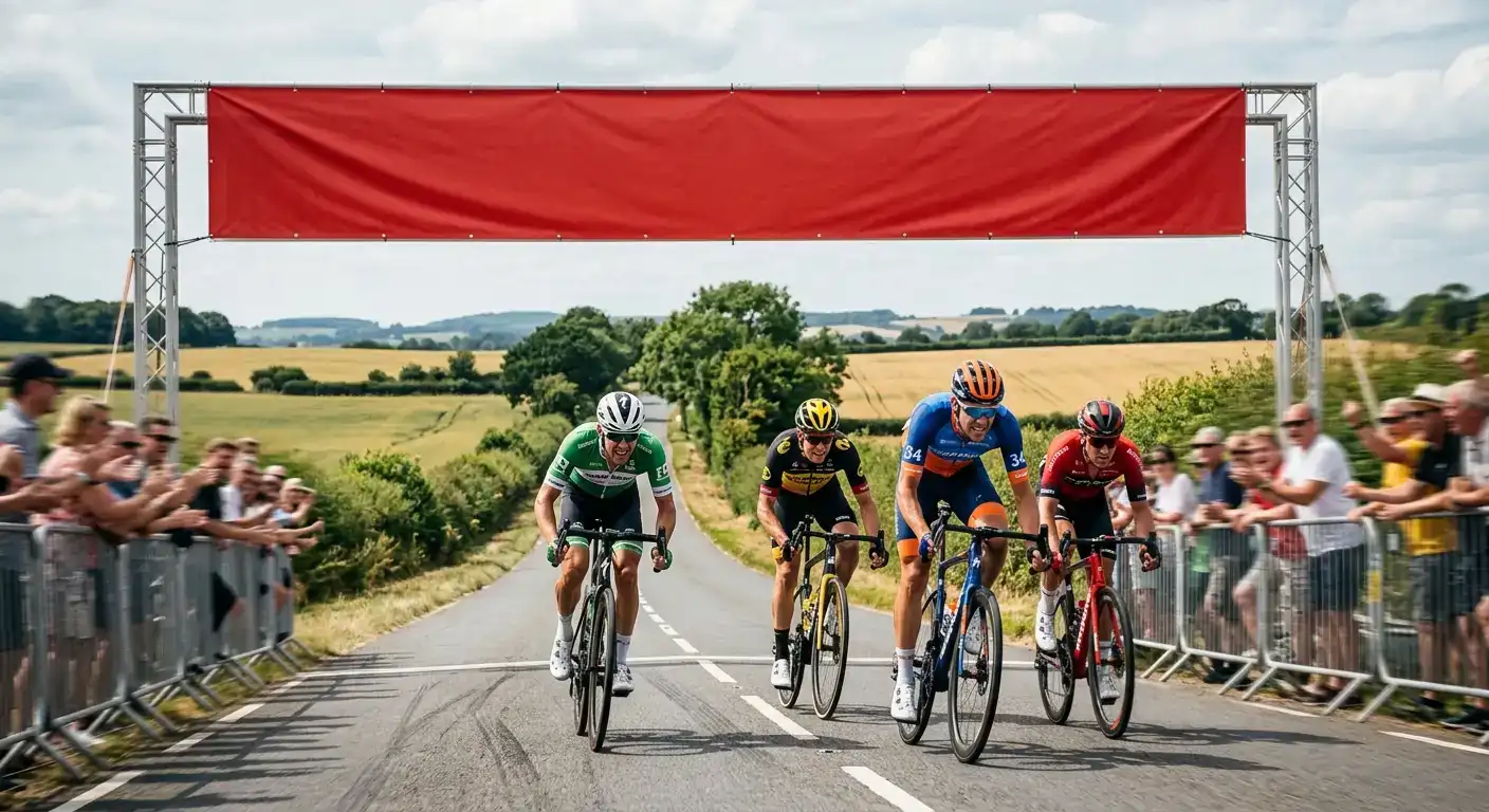 Колоездачи преминават под рекламна арка за intermediate sprint точки