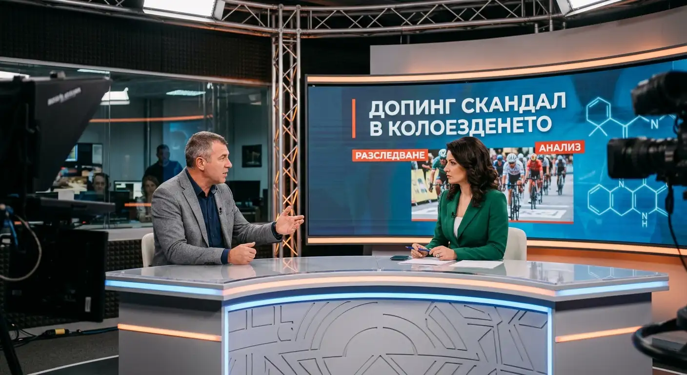 Телевизионна студия с журналисти обсъжда допингов скандал в колоезденето