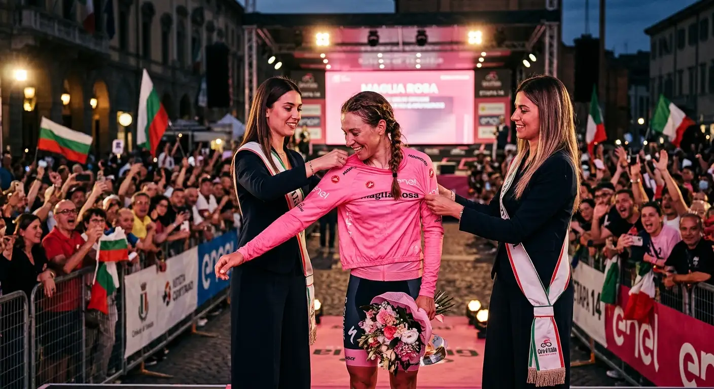 Колоездач облича розовата фланелка на церемония на подиум на Giro