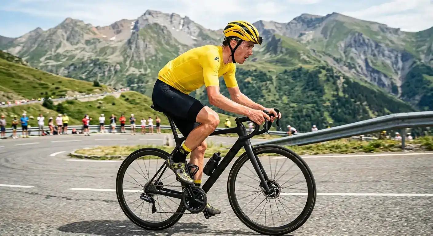 Колоездач в жълта фланелка на Tour de France с лента в челото