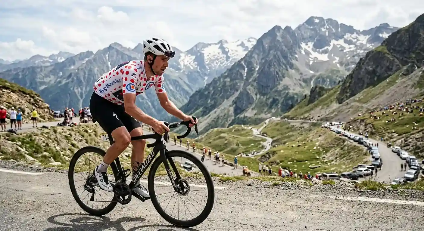 Колоездач в полка-точкова фланелка катери планински етап на Tour de France