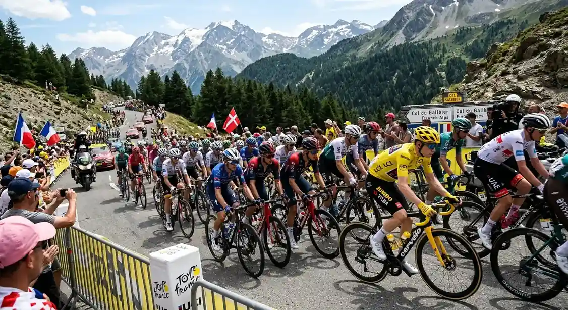 Пелотон в планински етап на Tour de France с лидер в жълта фланелка