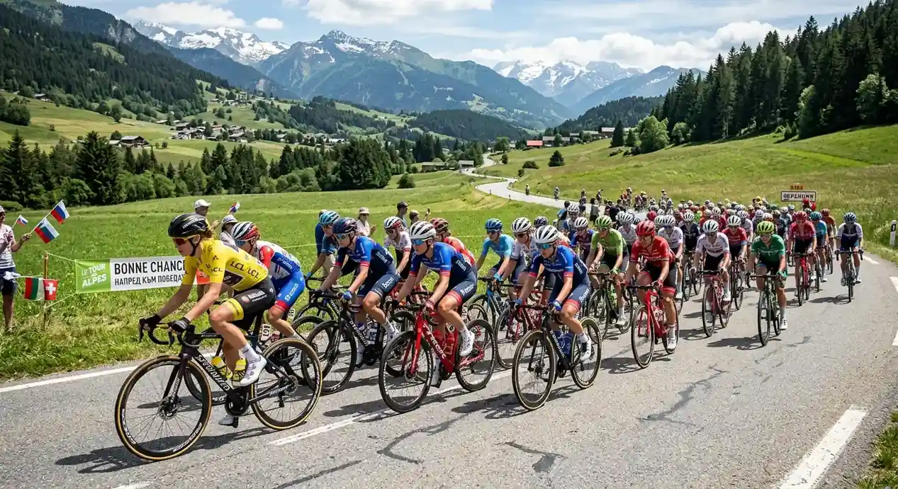 Колоездачки в жълта фланелка водят пелотон на Tour de France Femmes