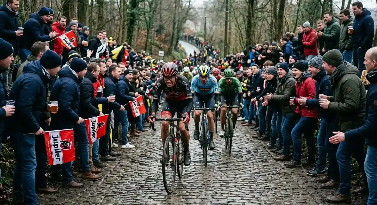 Колоездачи изкачват прочутия паветен Копенберг по време на Tour of Flanders