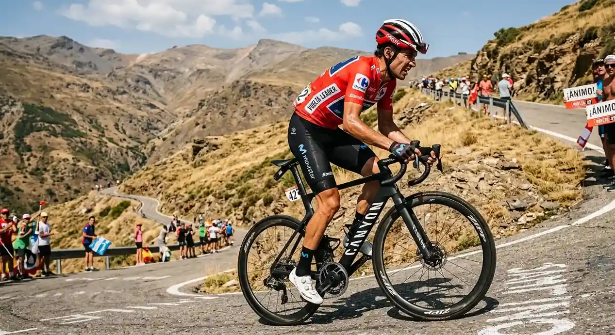 Лидер с червена фланелка на стръмно катерение на Vuelta a España