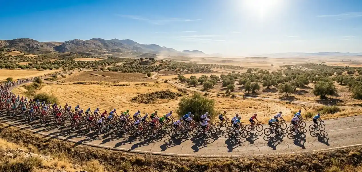 Колоездачи преминават през изгорено лятно испанско поле на Vuelta