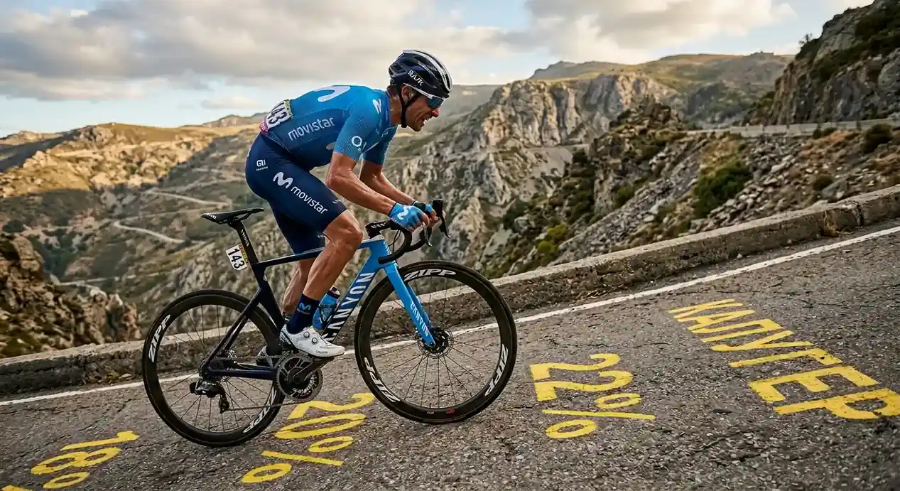 Колоездач атакува изправен на изключително стръмна стена на Vuelta