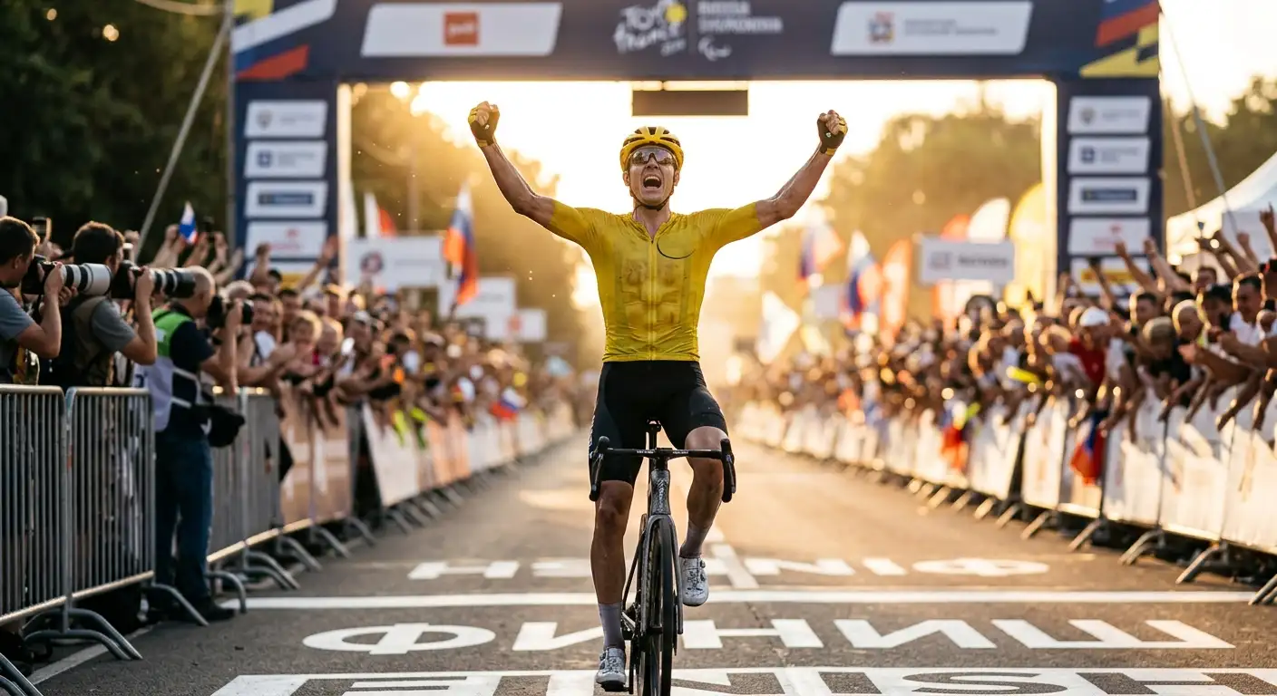 Колоездач в жълта фланелка вдига ръце на финал на етап на Tour de France